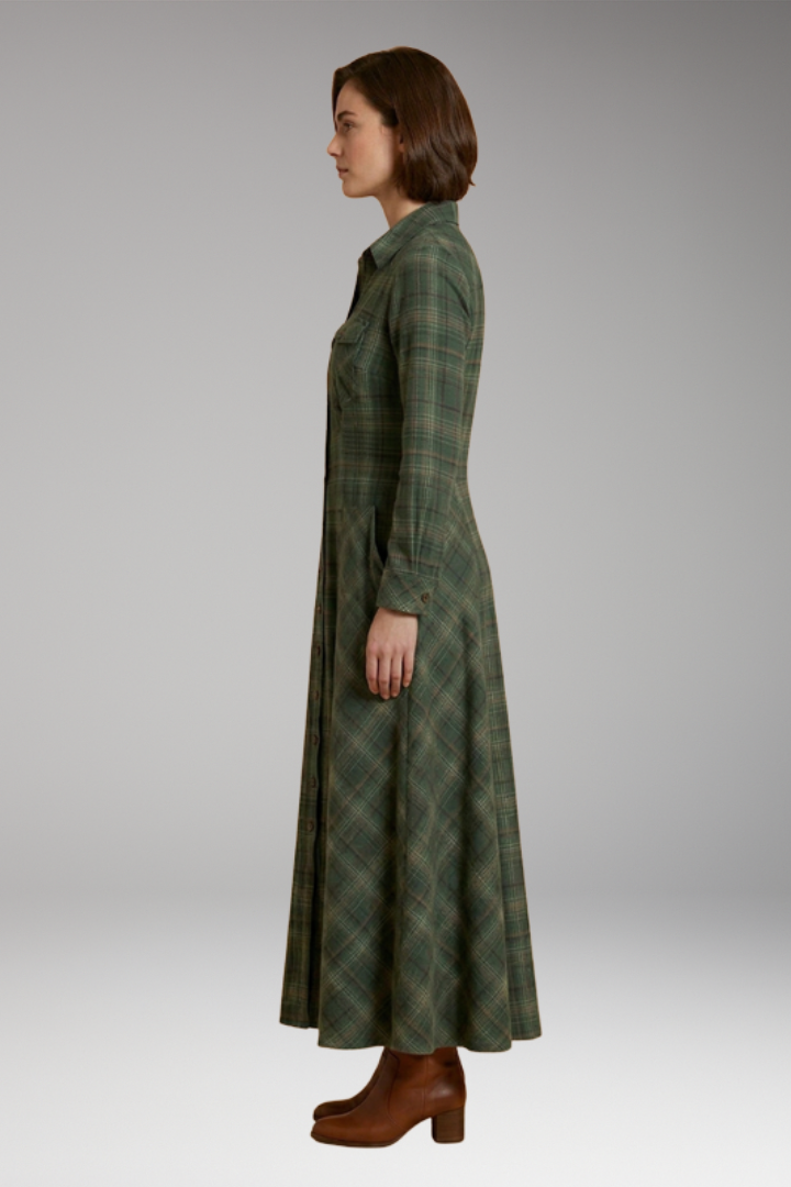 Women's Checkered Maxi Dress with Pockets and Buttons