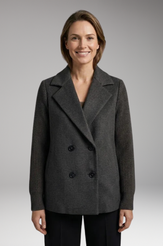Women's Coat with Knitted Sleeves and Double-Breasted Fastening