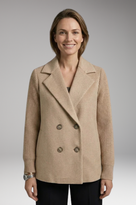 Women's Coat with Knitted Sleeves and Double-Breasted Fastening