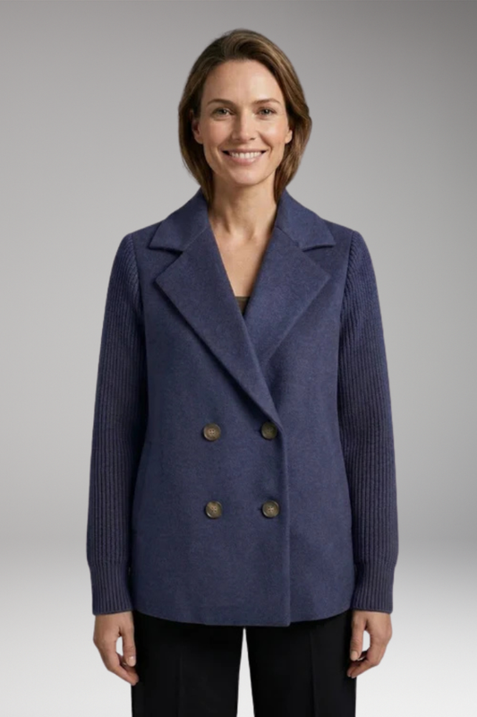 Women's Coat with Knitted Sleeves and Double-Breasted Fastening