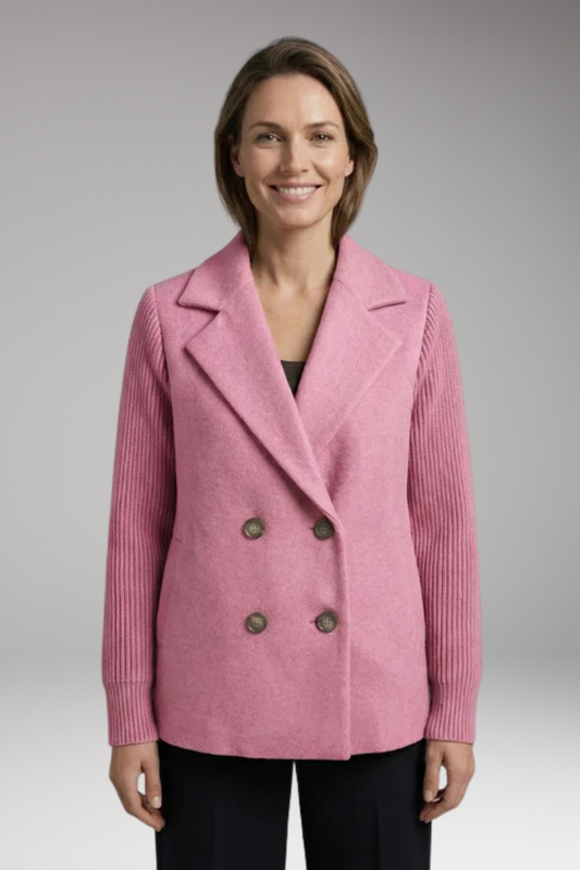 Women's Coat with Knitted Sleeves and Double-Breasted Fastening