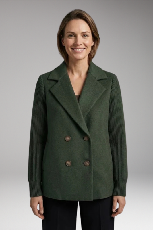Women's Coat with Knitted Sleeves and Double-Breasted Fastening