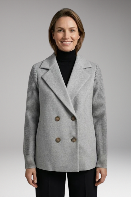 Women's Coat with Knitted Sleeves and Double-Breasted Fastening