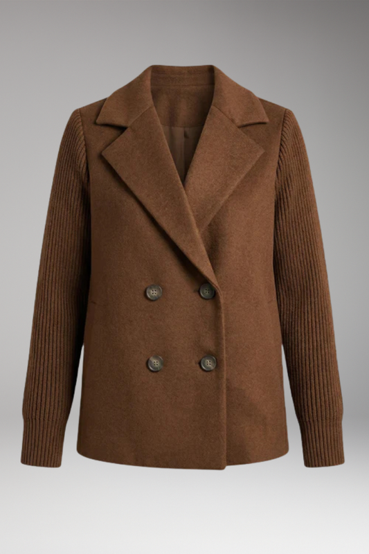 Women's Coat with Knitted Sleeves and Double-Breasted Fastening