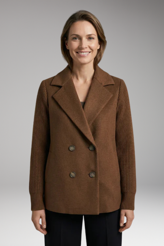 Women's Coat with Knitted Sleeves and Double-Breasted Fastening