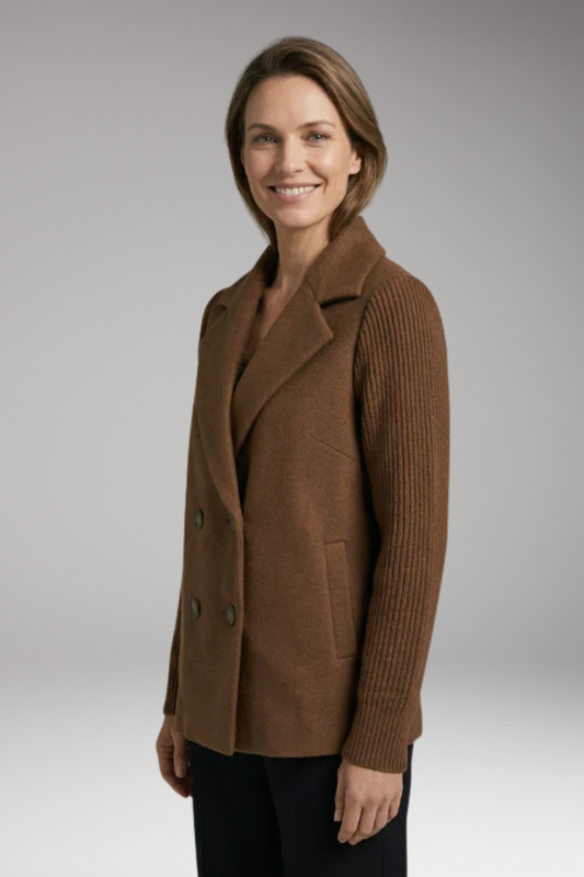 Women's Coat with Knitted Sleeves and Double-Breasted Fastening