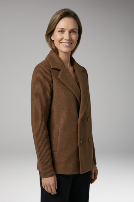 Women's Coat with Knitted Sleeves and Double-Breasted Fastening