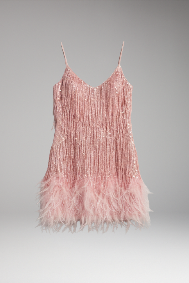 Women’s Cocktail Dress with Fringe and Feather Hem