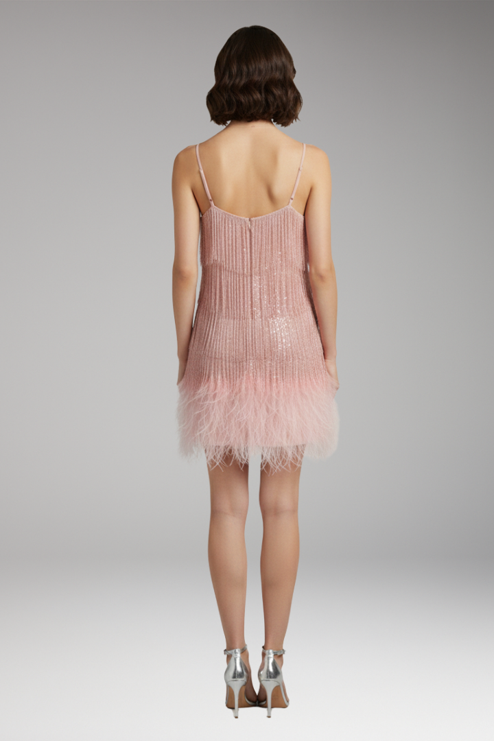 Women’s Cocktail Dress with Fringe and Feather Hem
