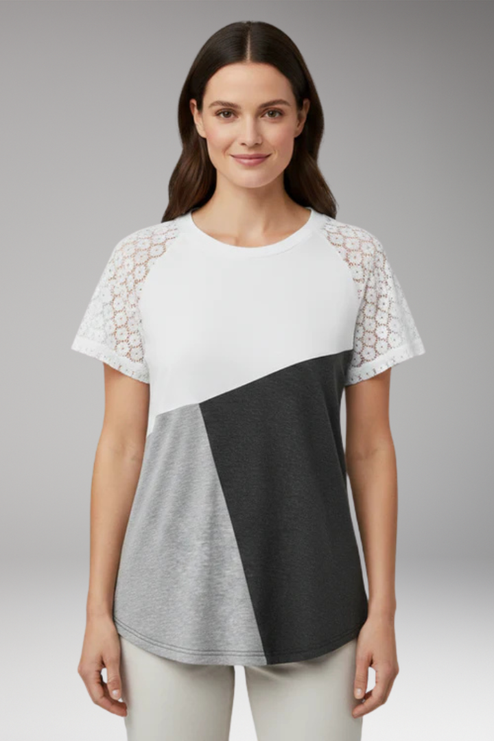 Women's Colour Block T-Shirt with Lace Sleeves