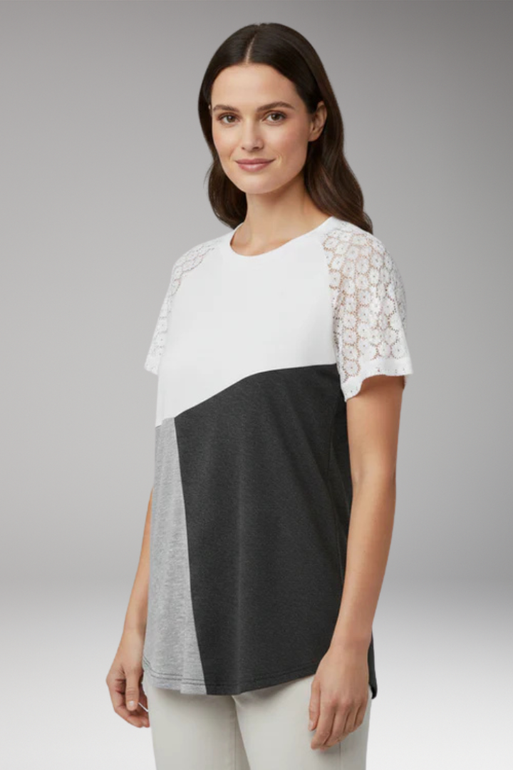 Women's Colour Block T-Shirt with Lace Sleeves