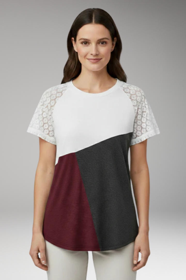 Women's Colour Block T-Shirt with Lace Sleeves