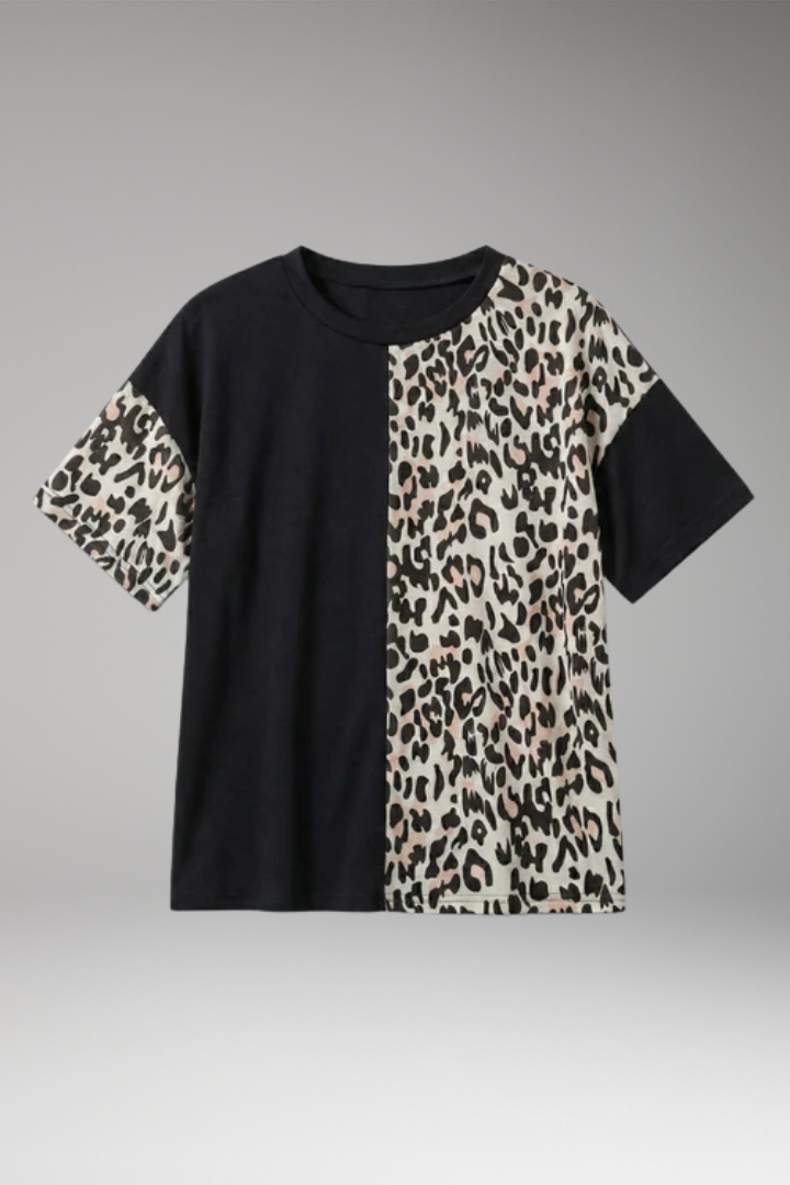 Women's Colour Block T-Shirt with Leopard Panel