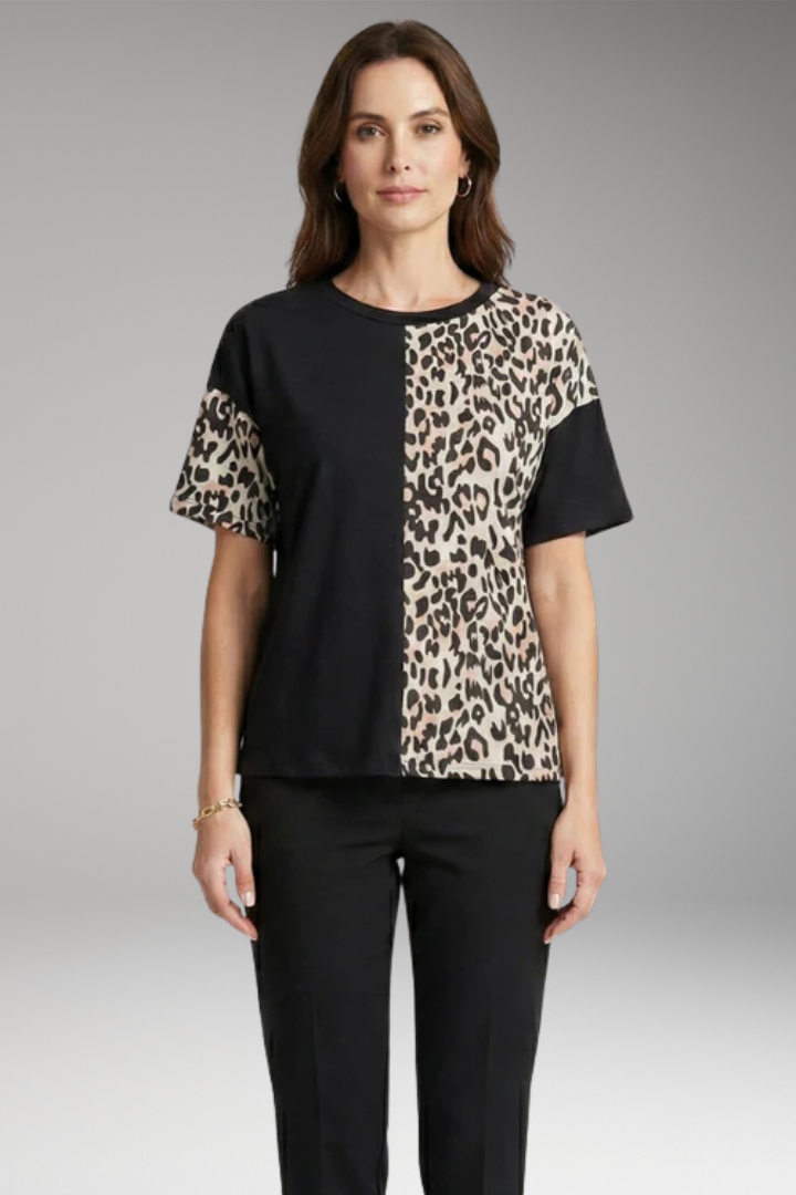 Women's Colour Block T-Shirt with Leopard Panel
