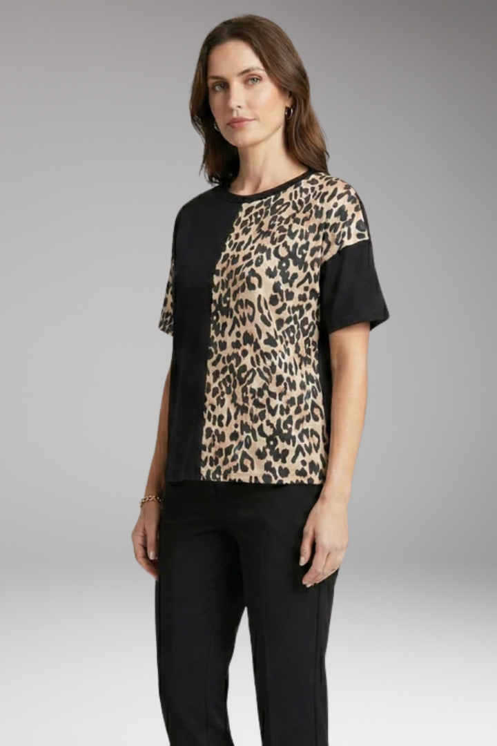 Women's Colour Block T-Shirt with Leopard Panel
