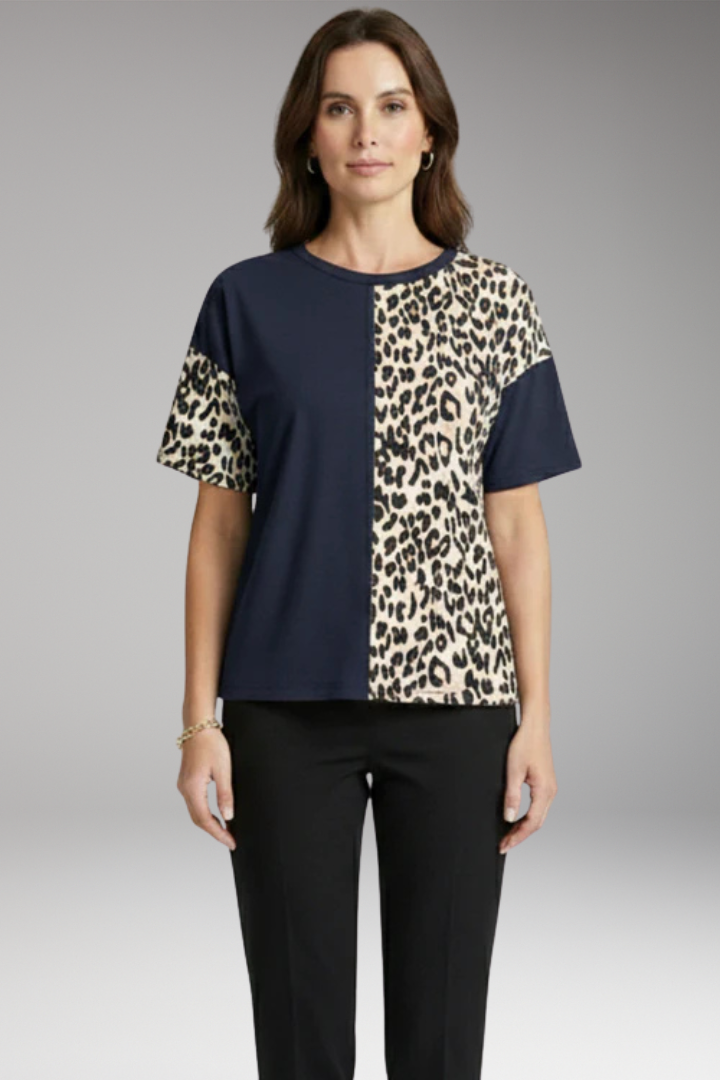 Women's Colour Block T-Shirt with Leopard Panel