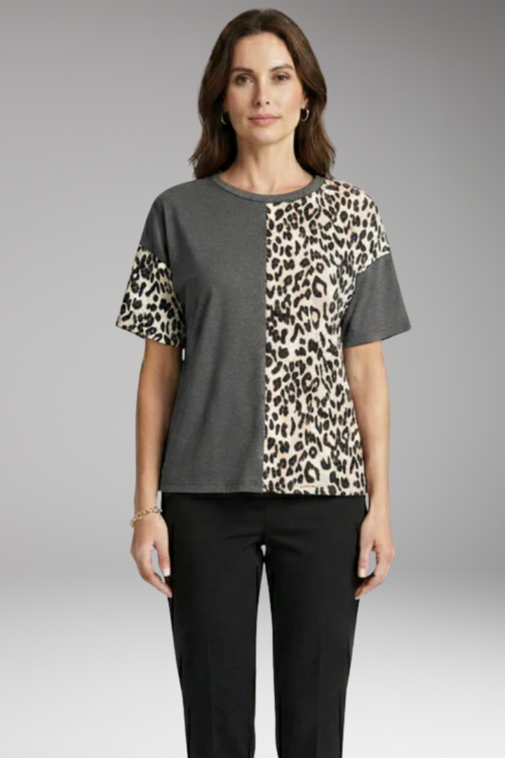 Women's Colour Block T-Shirt with Leopard Panel
