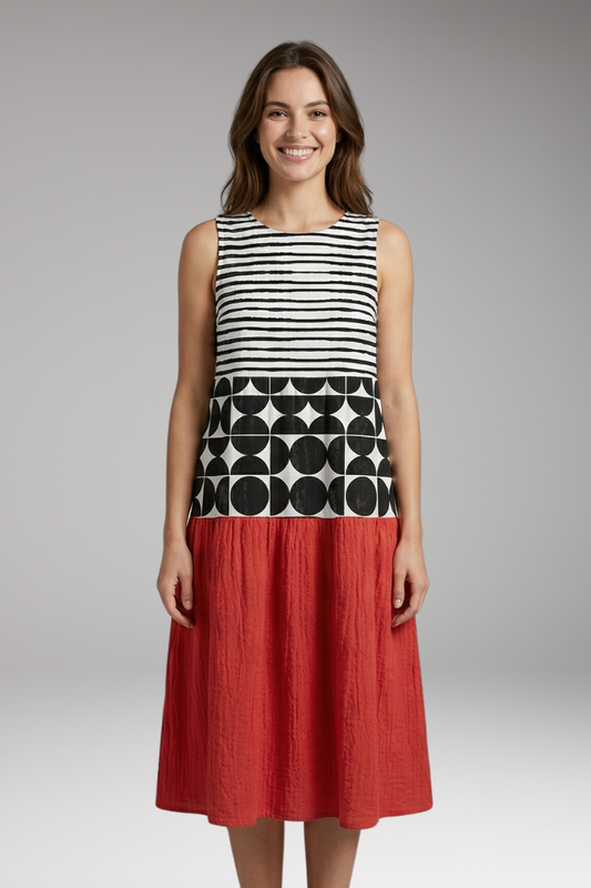 Women's Colourblock Midi Dress with Sleeveless Design