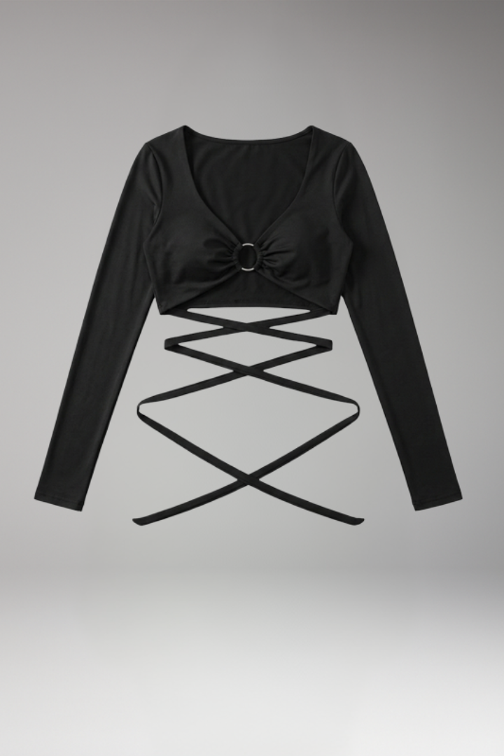 Women's Crop Top with Deep V Neck and Long Sleeves