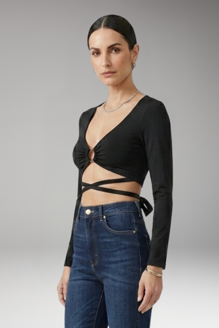 Women's Crop Top with Deep V Neck and Long Sleeves