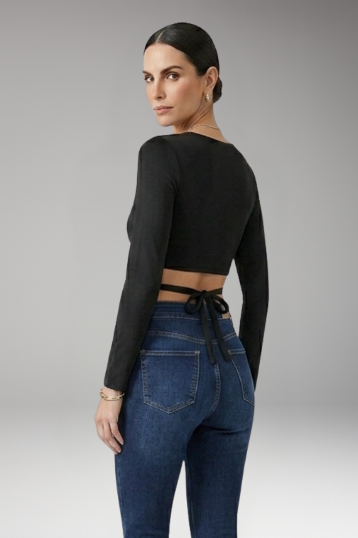 Women's Crop Top with Deep V Neck and Long Sleeves