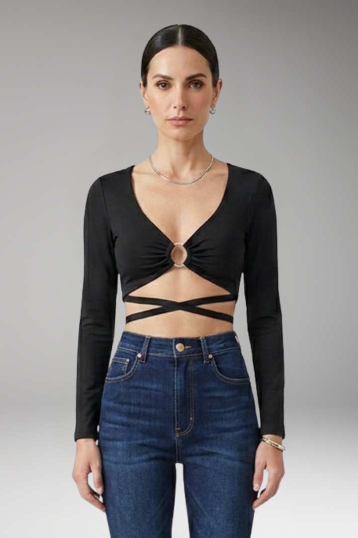 Women's Crop Top with Deep V Neck and Long Sleeves