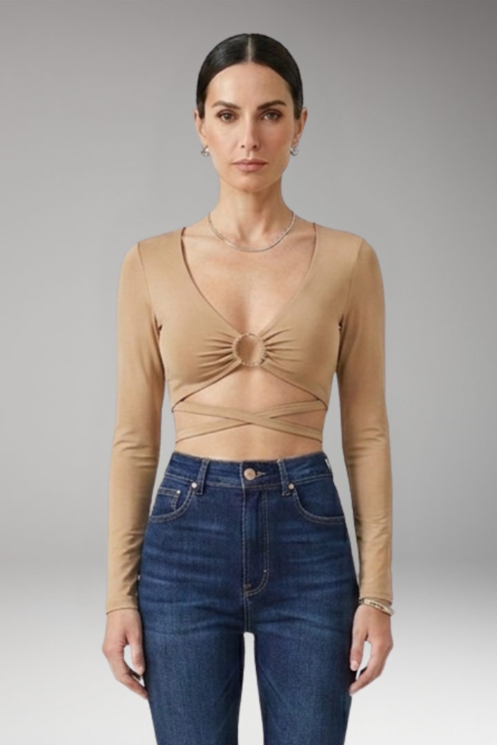 Women's Crop Top with Deep V Neck and Long Sleeves