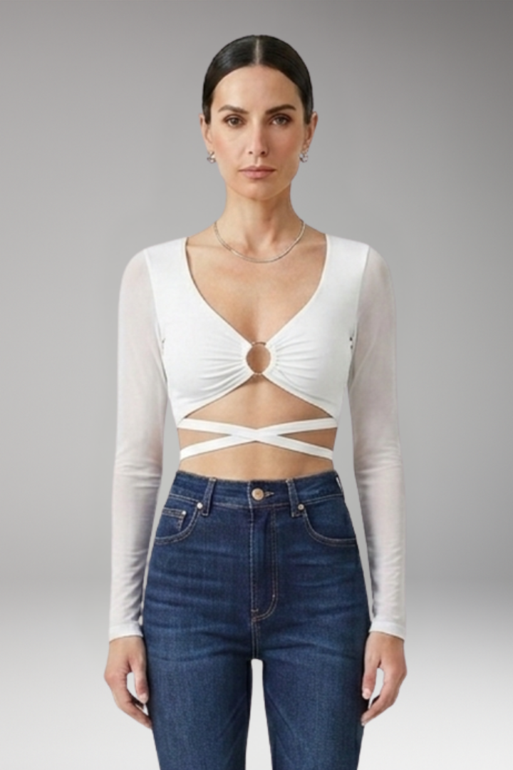 Women's Crop Top with Deep V Neck and Long Sleeves