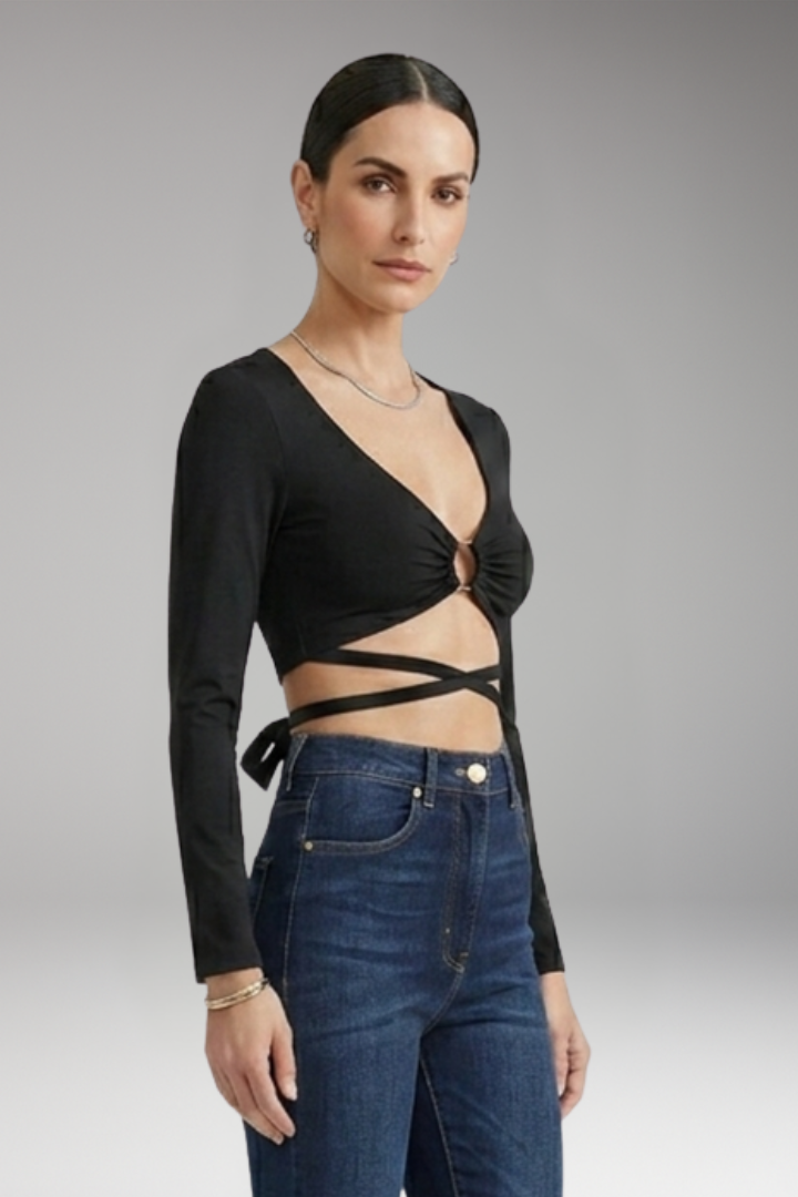 Women's Crop Top with Deep V Neck and Long Sleeves