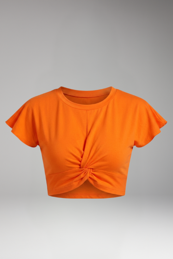 Women's Crop Top with Front Knot and Ruffle Sleeves