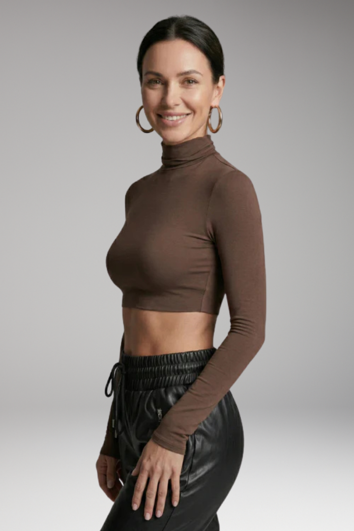 Women's Crop Top with High Collar and Long Sleeves