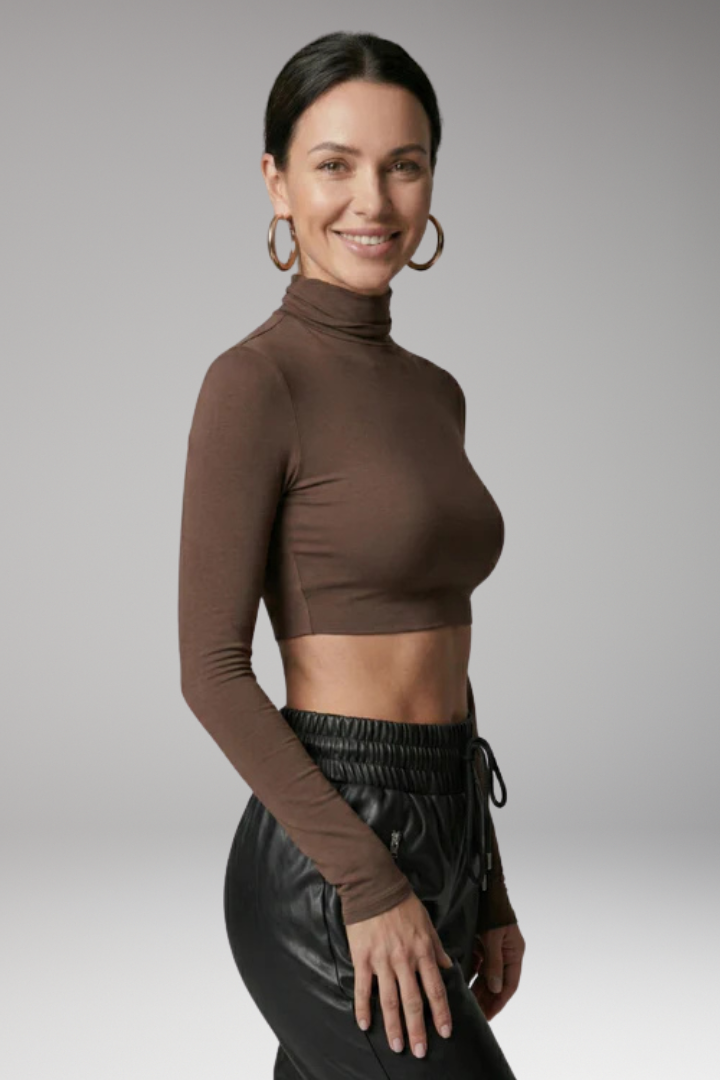 Women's Crop Top with High Collar and Long Sleeves