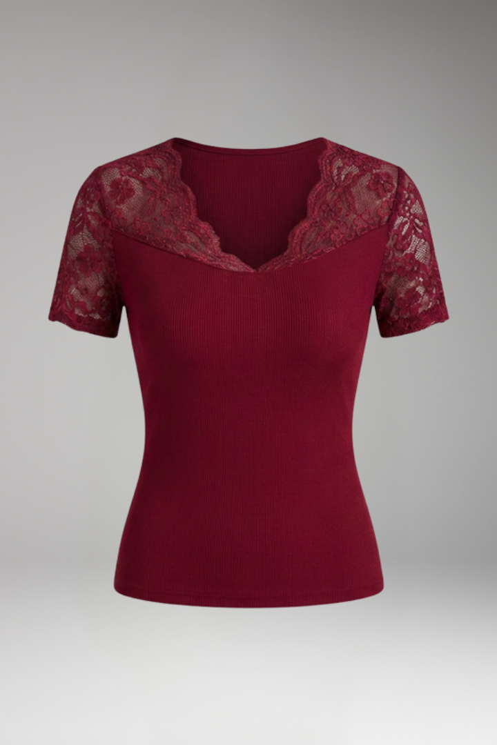 Women's Crop Top with Lace Neckline and Short Sleeves