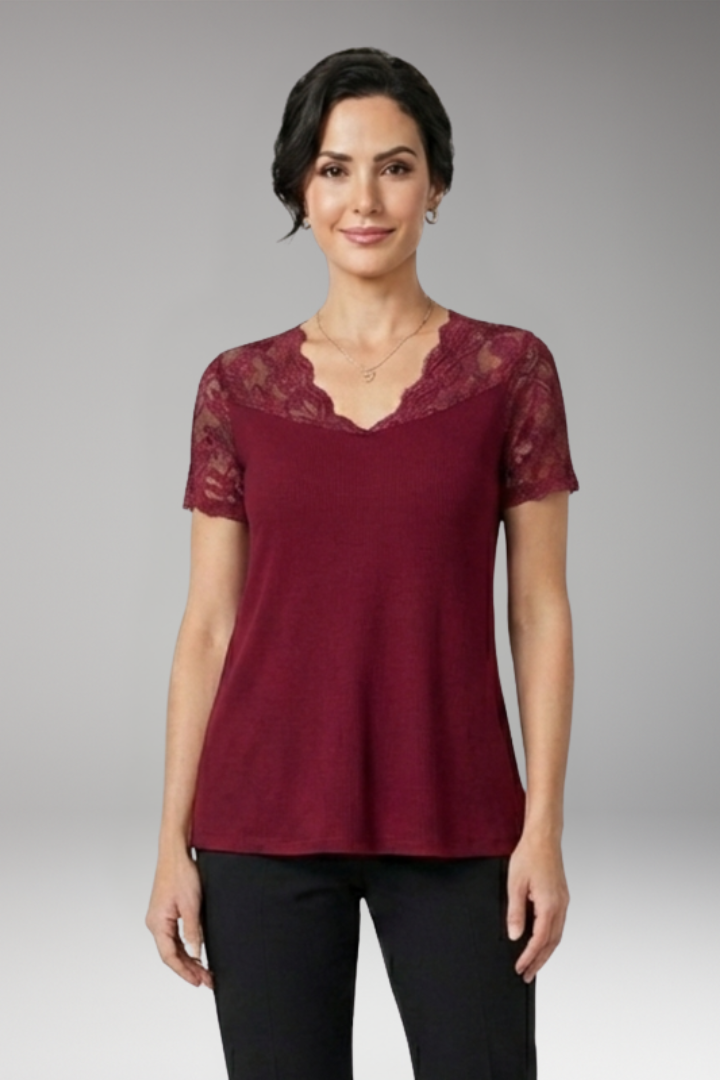 Women's Crop Top with Lace Neckline and Short Sleeves