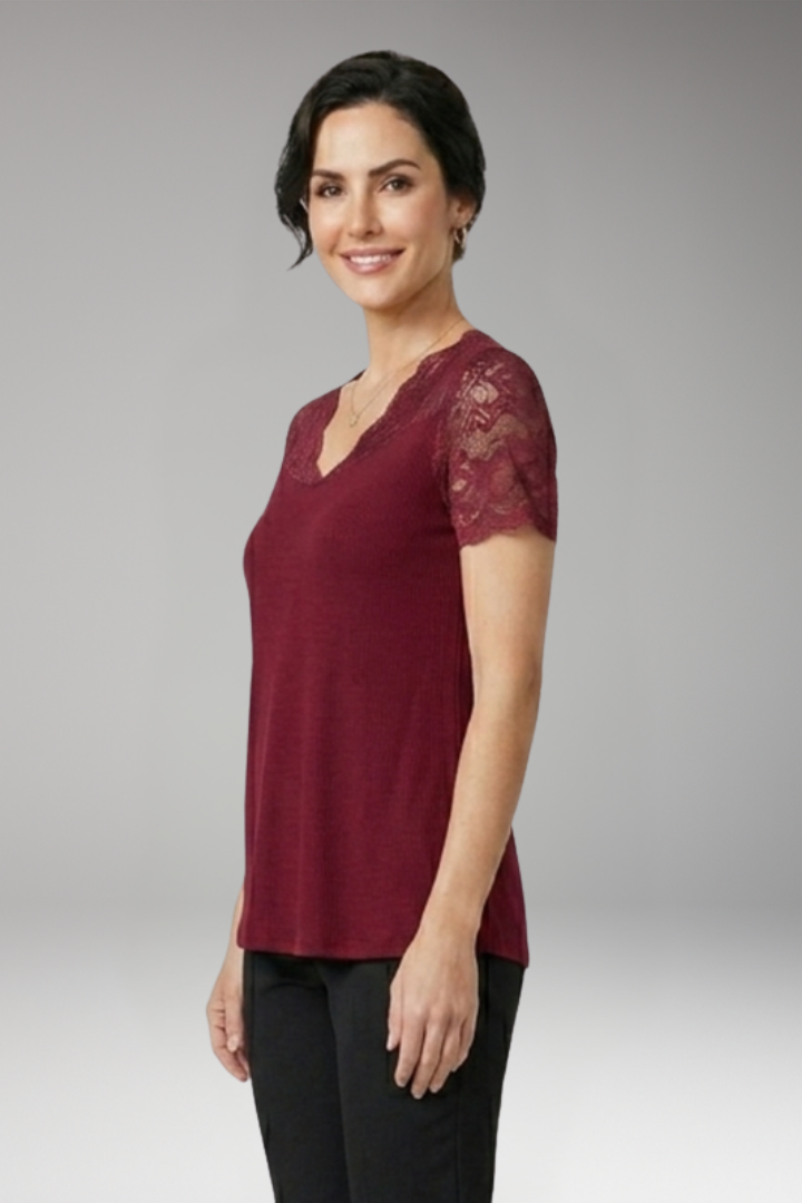 Women's Crop Top with Lace Neckline and Short Sleeves