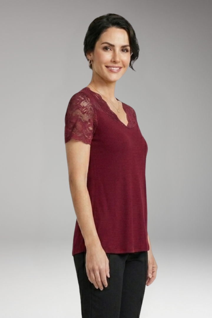 Women's Crop Top with Lace Neckline and Short Sleeves