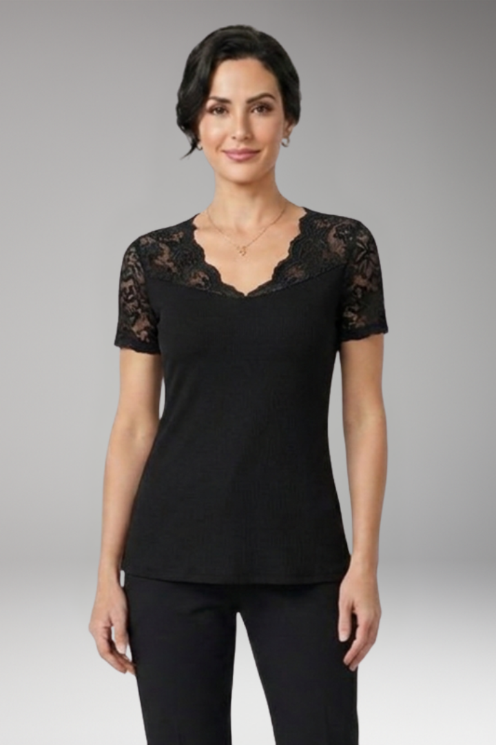 Women's Crop Top with Lace Neckline and Short Sleeves