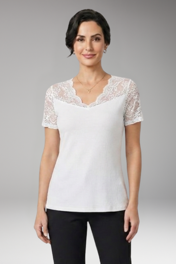 Women's Crop Top with Lace Neckline and Short Sleeves