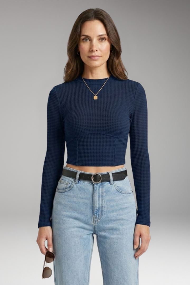 Women's Crop Top with Long Sleeves and Textured Surface