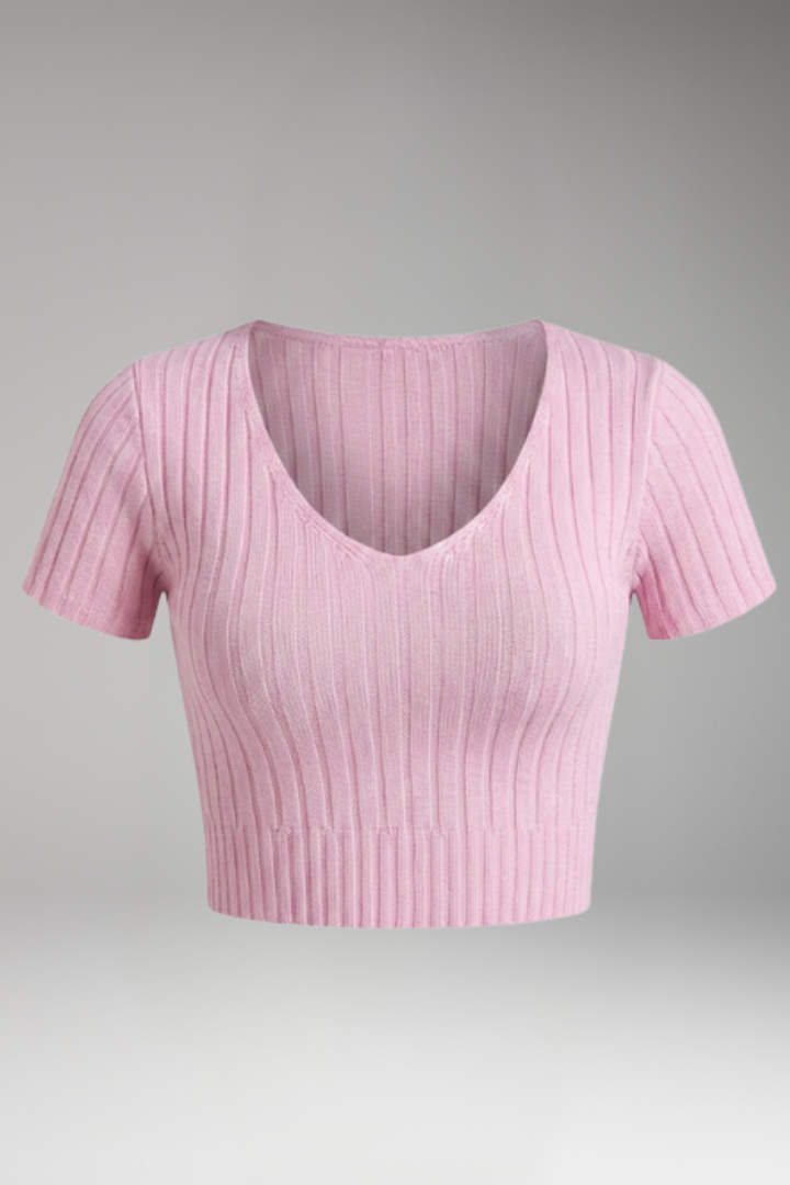 Women's Crop Top with Ribbed Surface and Short Sleeves