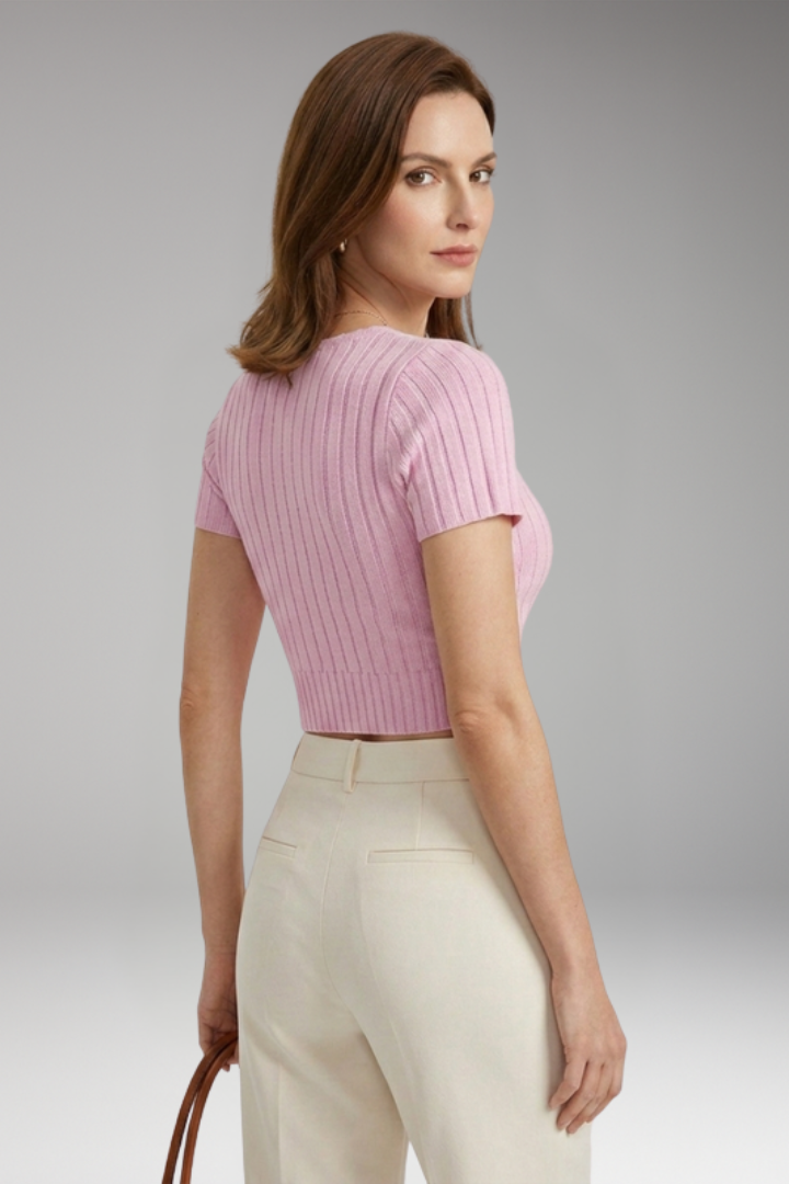 Women's Crop Top with Ribbed Surface and Short Sleeves
