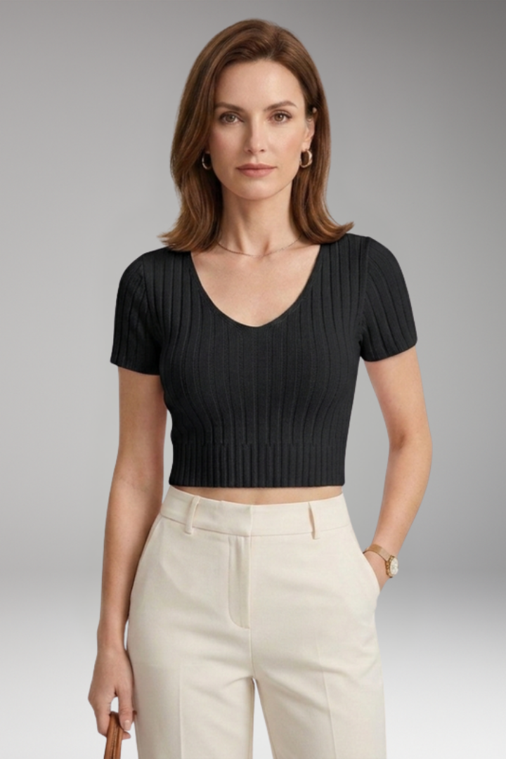 Women's Crop Top with Ribbed Surface and Short Sleeves