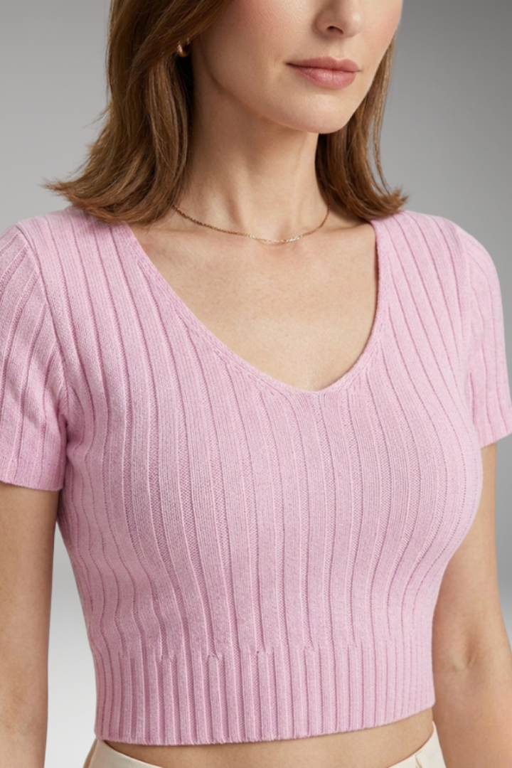 Women's Crop Top with Ribbed Surface and Short Sleeves