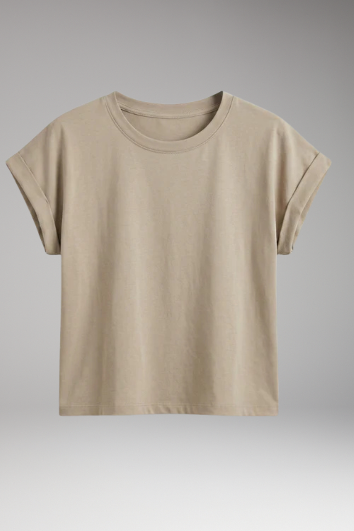 Women's Crop Top with Rolled Sleeves and Round Neck