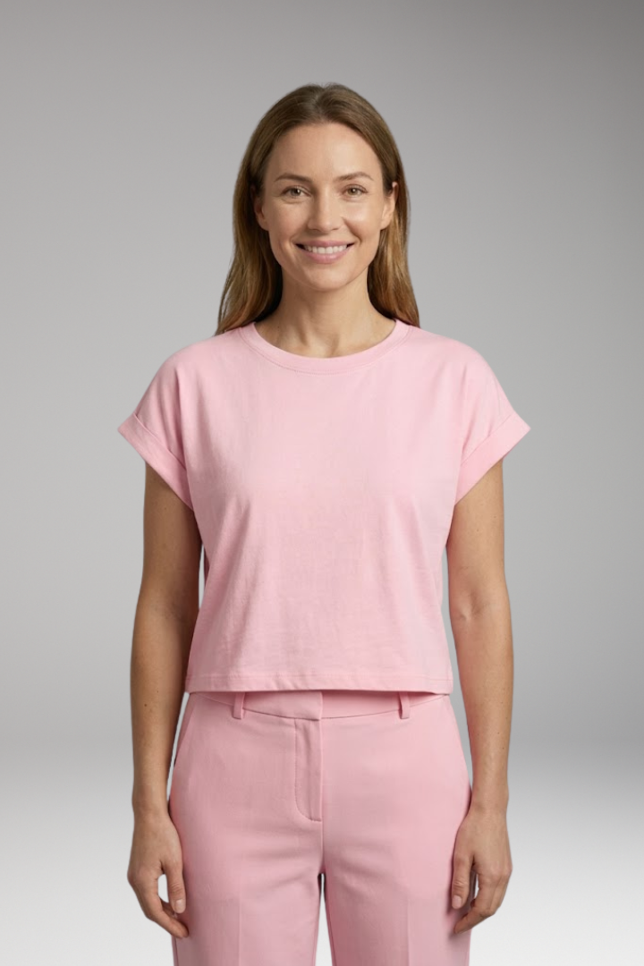 Women's Crop Top with Rolled Sleeves and Round Neck