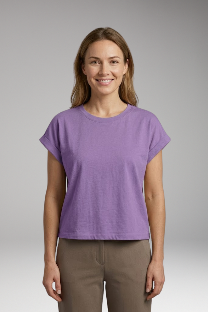Women's Crop Top with Rolled Sleeves and Round Neck