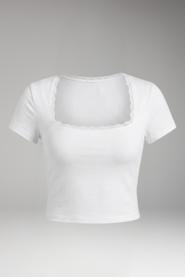 Women's Crop Top with Square Neck and Lace Trim