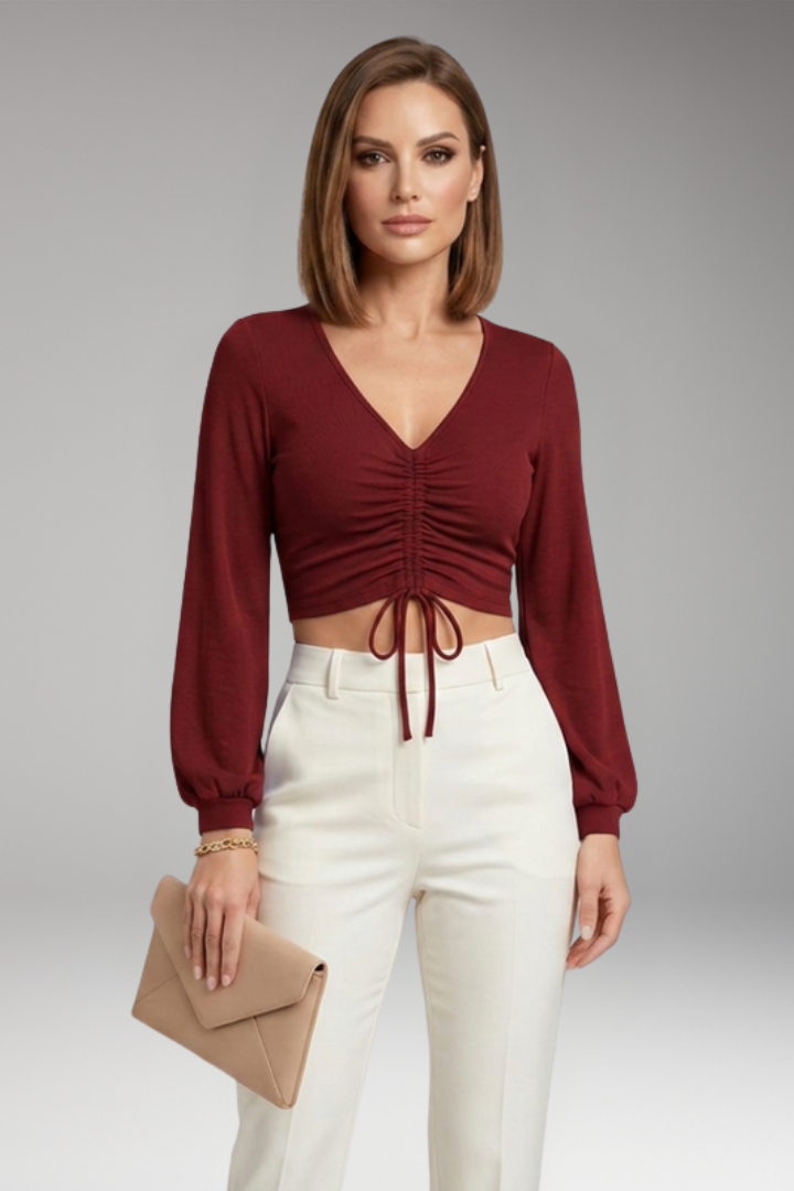 Women's Crop Top with V Neck and Front Ruching