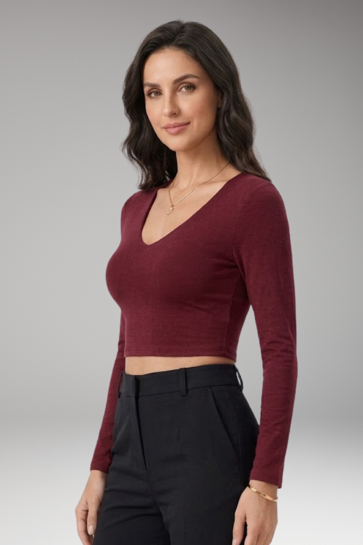Women's Crop Top with V Neck and Long Sleeves