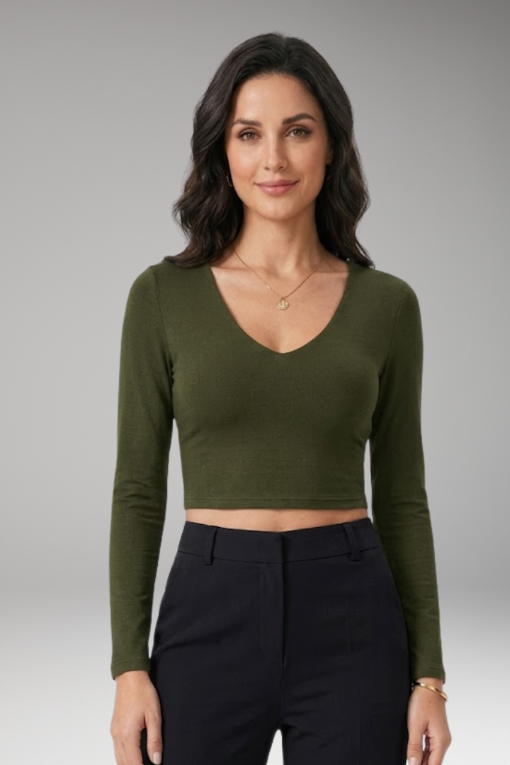 Women's Crop Top with V Neck and Long Sleeves